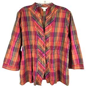 Christopher & Banks Plaid Button-Up Shirt With 3/4 Sleeves Size M JH1848